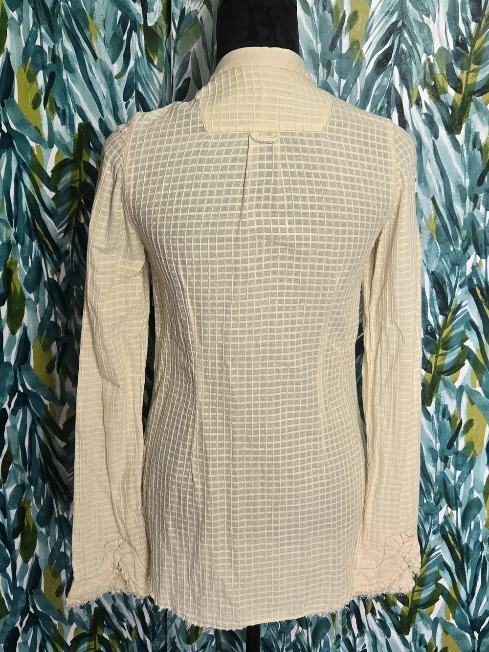 FREE PEOPLE Cream Pleated Bodice Grid Pattern Raw Ruffle Trim Peasant Top Sz 2
